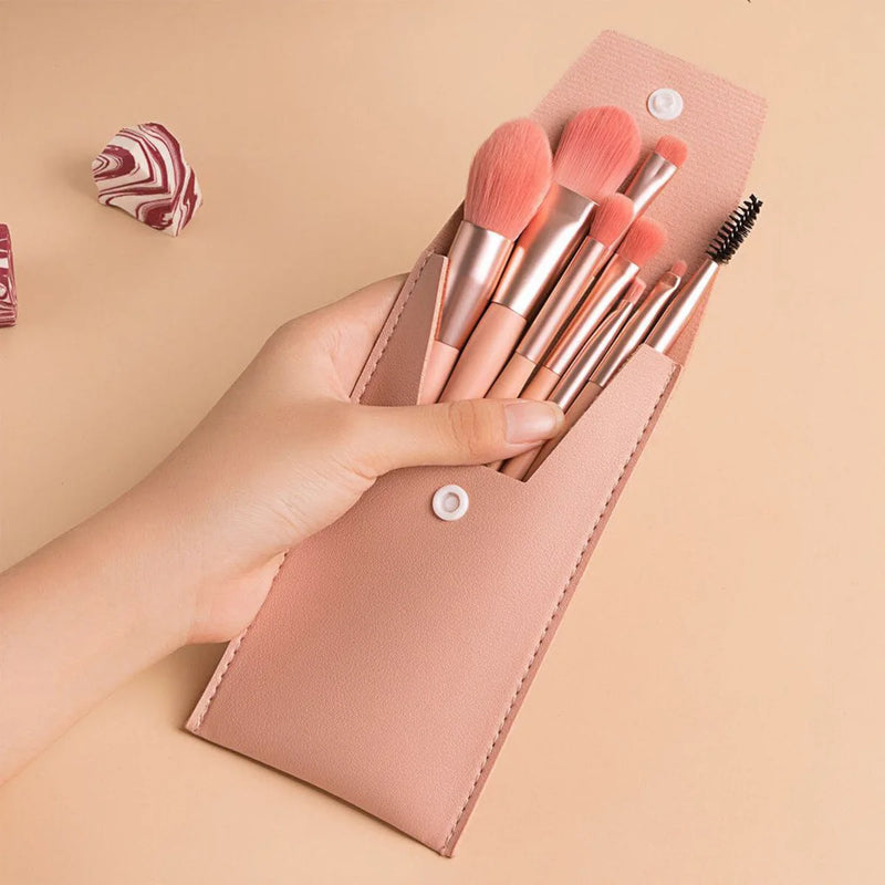 Pink Mini 8-Piece Makeup Brush Set with Portable Bag