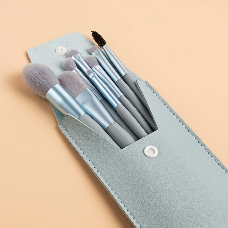 Blue Mini 8-Piece Makeup Brush Set with Portable Bag